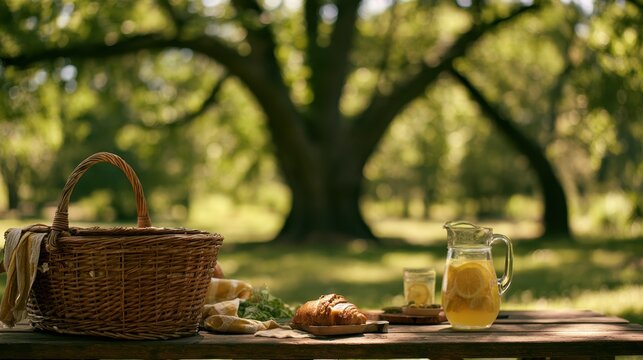 Rustic picnic scene with wicker basket, fresh croissant, glass pitcher of lemon water and natural green trees blurred background on wooden table in outdoor setting