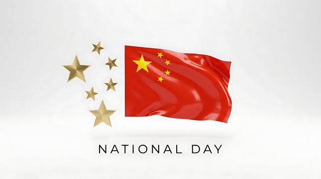 China national day waving flag and gold stars on white background with 3D render