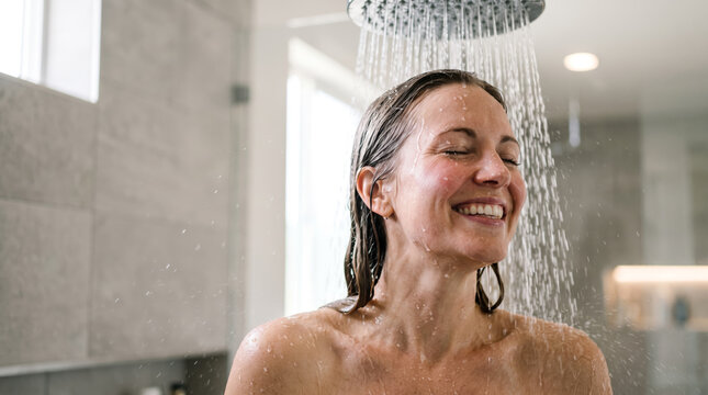 an adult woman happily taking a shower, leaning forward toward a rainfall shower stream, wet hair and realistic water droplets, personal care and wellness advertising concept