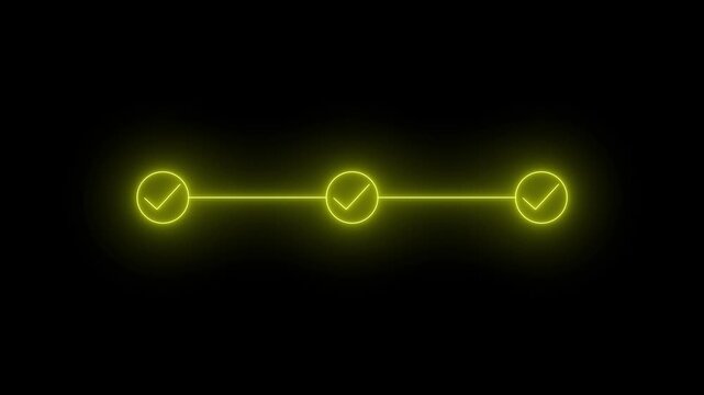 neon 3 step process with check mark icon. step by step process icon animation on black background,4k animation video