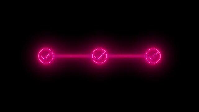 neon 3 step process with check mark icon. step by step process icon animation on black background,4k animation video