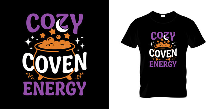 Cozy coven energy halloween tshirt design with witch cauldron and stars