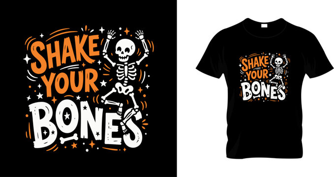 Shake your bones halloween tshirt design with dancing skeleton illustration