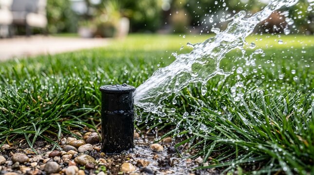 Automatic lawn sprinkler spraying water over green grass in garden. Irrigation system watering yard for landscaping and agriculture.