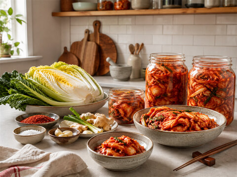 Traditional cabbage kimchi fermenting in glass jars beside fresh napa cabbage and korean spices on a warm kitchen table showing homemade preservation and probiotic food preparation