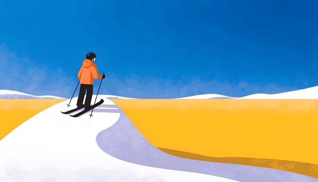 Winter sports and alpine skiing adventure concepts. Mountain tourism and outdoor recreation activities. Skier wearing a helmet and orange jacket standing on a snowy mountain ridge