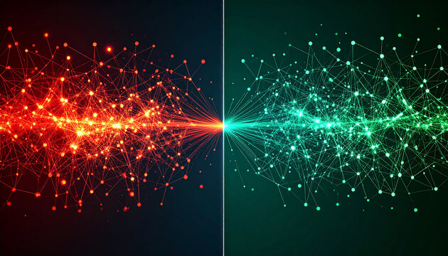 Split network with congested red hotspots left and calm green flowing connections right generative AI