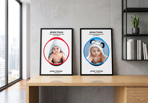 Dual Photo Frame Mockup on Wooden Desk