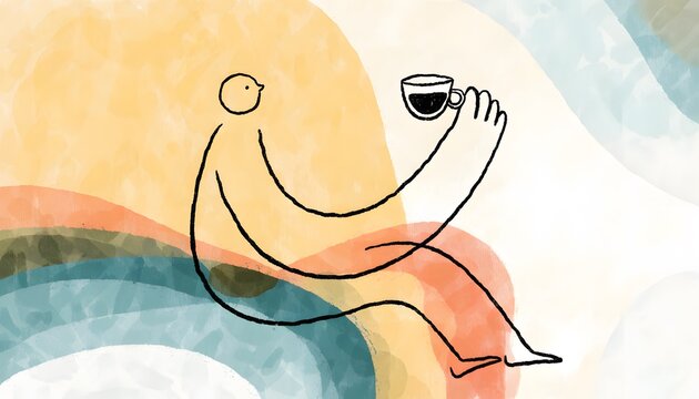 Morning coffee break and daily relaxation routine concepts. Cozy lifestyle and mindfulness moments at home. Person sitting comfortably and holding a ceramic cup of hot coffee