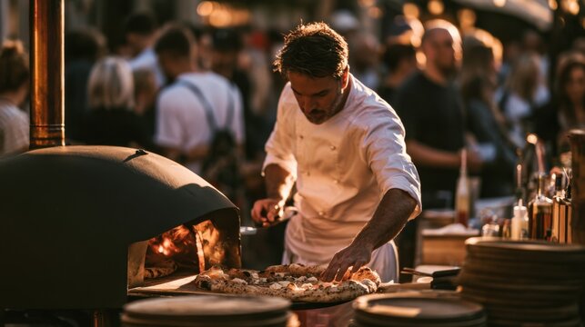 Male chef in white uniform preparing fresh pizza using traditional outdoor wood-fired oven in busy restaurant kitchen during evening service