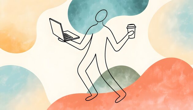 Remote work lifestyle and digital nomad career opportunities. Mobile office productivity and online business concepts. Person holding a laptop computer and a coffee cup dynamically