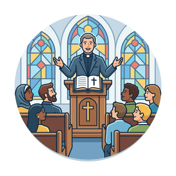 Diverse Congregation Listens to Pastor Preaching in Ornate Church with Stained Glass Windows
