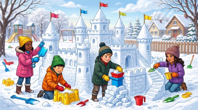 Multiethnic group of children building detailed snow castle with plastic molds illustration