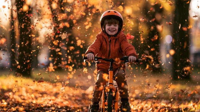 Happy little boy wearing safety helmet riding bicycle through colorful autumn forest with falling orange leaves and warm sunlight in the background