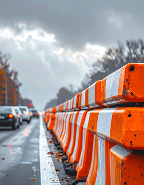 Stack of orange and white barriers filling lower frame with blurred vehicle queue behind generative AI