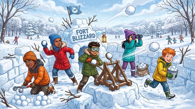 Diverse children playing snowball fight inside snow fort in winter park illustration