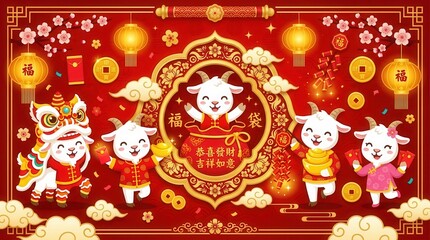 Fototapeta premium Chinese New Year Year of the Goat Illustration with Cute Cartoon Goats, Lion Dance, and Traditional Lucky Symbols on Red