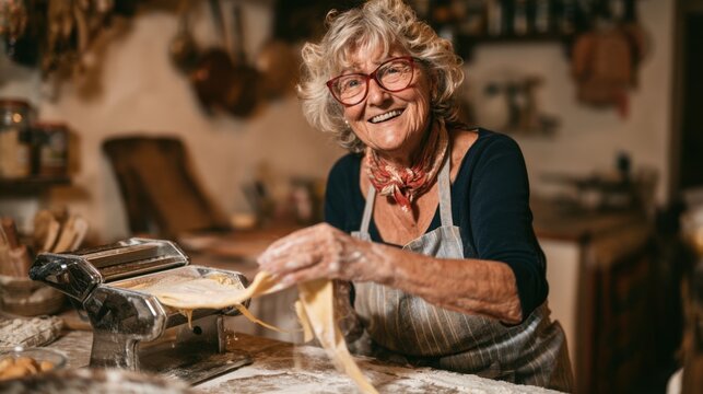 Elderly woman with glasses wearing apron and scarf smiling while making fresh pasta dough using manual pasta machine in cozy kitchen with rustic decor