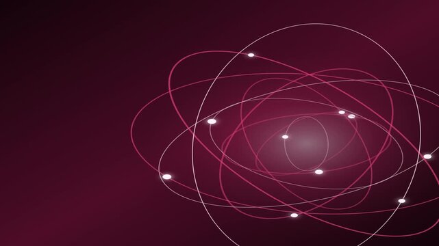 Abstract Atomic Orbital Motion with Glowing Nodes on Dark Background