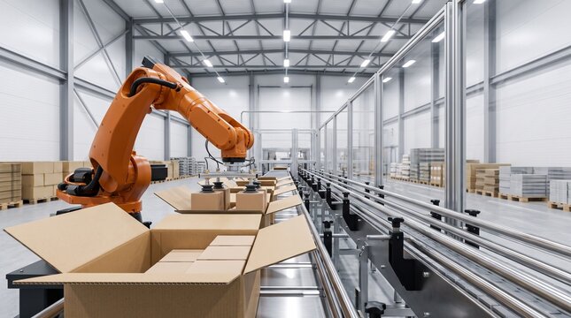 Orange robotic arm packing cardboard boxes on a conveyor belt in a factory