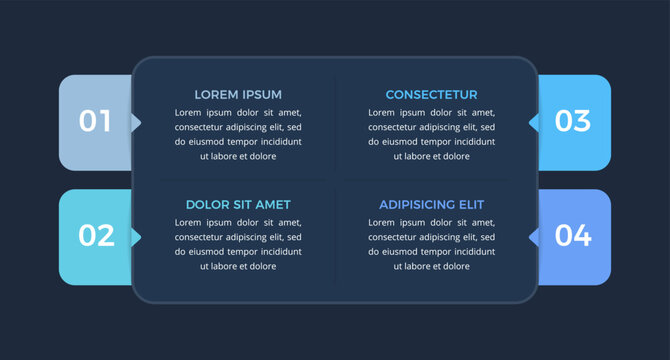 four-step infographic template with colorful arrow-shaped numbered tabs, symbolizing sequential process stages and structured business workflow. Dark background