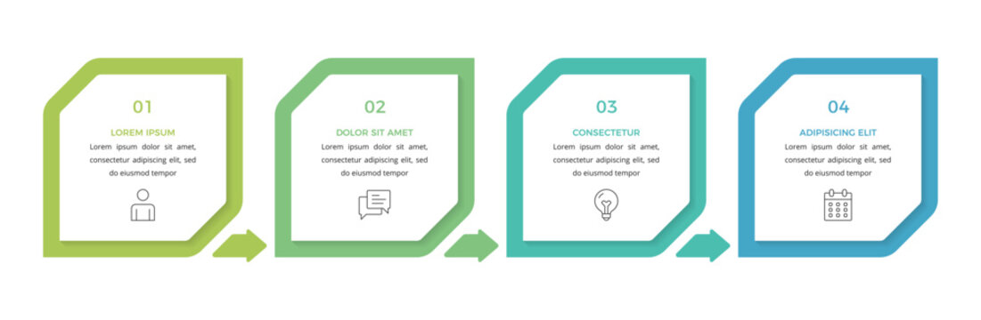 Horizontal process flow infographic template featuring four numbered square blocks connected by small arrows