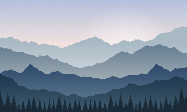 Mountain range and pine forest silhouettes under a starry twilight sky