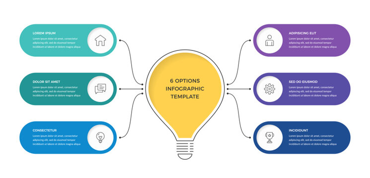 Infographic template with six rounded banners radiating outward from a central lightbulb, useful for presenting ideas, options, or categories