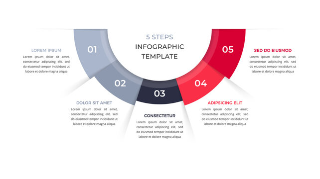Five steps semi-circular infographic template featuring numbered segments arranged in a curved arc