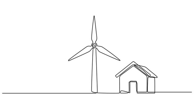 a wind turbine powering a house animation continuous line drawing, Video. Windmill, wind energy, the only one in one continuous line. Wind alternative energy, Minimalist single line drawing of a wind.
