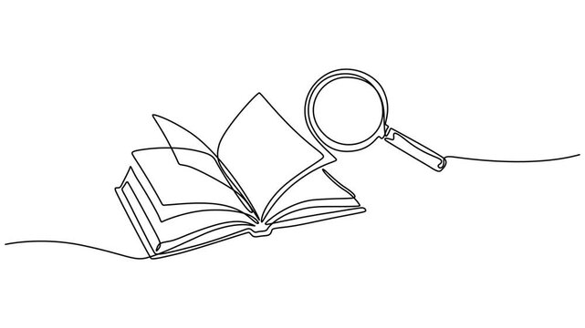 Open Book And Magnifying Glass Self Drawing Animation Study, Animation of single continuous line drawing magnifying glass over an open book, Scientific research in language. National Grammar Day. Full