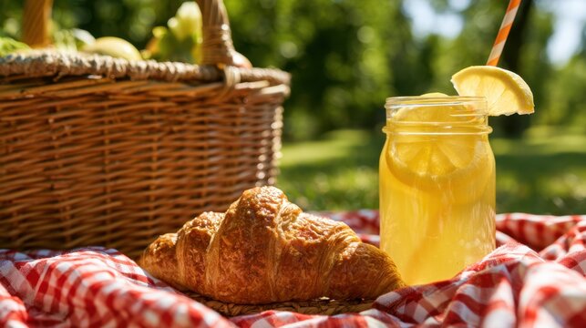 Fresh golden croissant and refreshing citrus drink with ice and lemon slice on checkered picnic blanket in sunny green outdoor park setting for relaxing meal