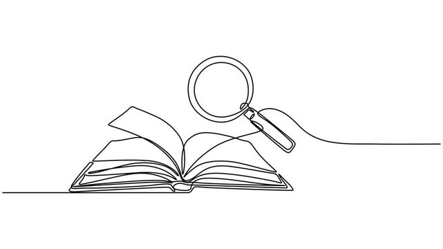 Open Book And Magnifying Glass Self Drawing Animation Study, Animation of single continuous line drawing magnifying glass over an open book, Scientific research in language. National Grammar Day. Full