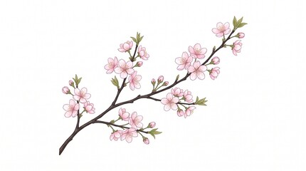 Fototapeta premium Botanical illustration of a cherry blossom branch. Delicate pink 5-petal flowers and buds on a dark brown stem with small green leaves, isolated on white.