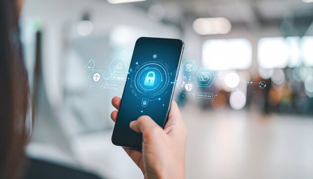 Person holding smartphone displaying digital lock icon and network of security interface for data protection and online privacy