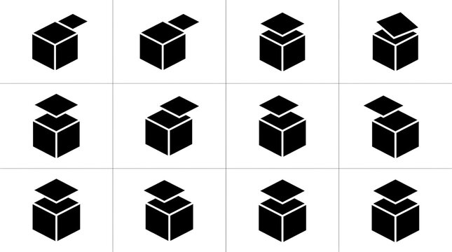 Minimalist black box icons set, 12 isometric delivery package symbols, flat geometric shipping and logistics icons on white background