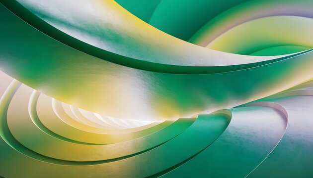 Modern geometric 3D wave structures and gradients. Futuristic architecture and abstract digital art needs. Layered green and yellow curved surfaces creating depth