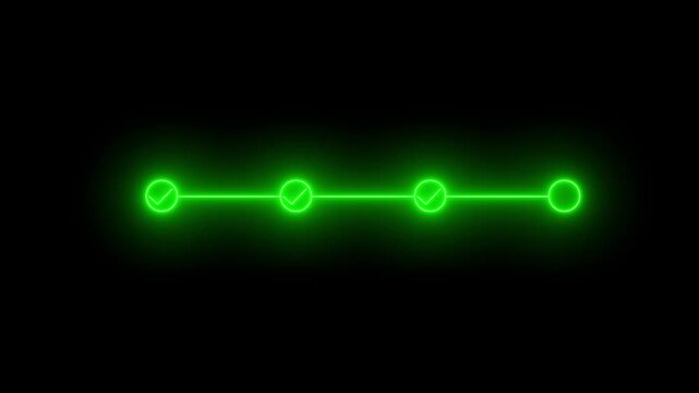 Green Neon 3 step i process with check mark icon.i step by step process icon animation on black background,4k animation video