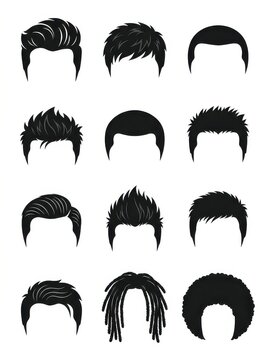 Set of Diverse Men's Hair Silhouettes and Hairstyles for Character Design and Barber Shop Branding
