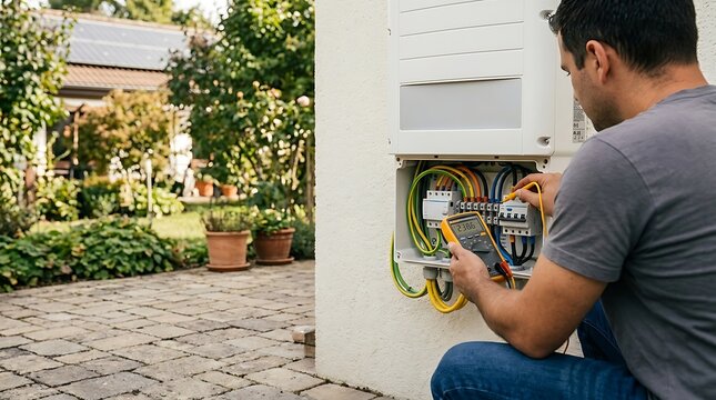 Professional electrician using digital multimeter to test voltage in solar inverter control box mounted on exterior wall of residential house during sunny day with lush green garden background
