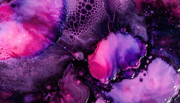 Abstract chemical reaction and cellular fluid patterns. Scientific texture and microscopic concept needs. Vibrant magenta and purple liquid bubbles forming organic formations