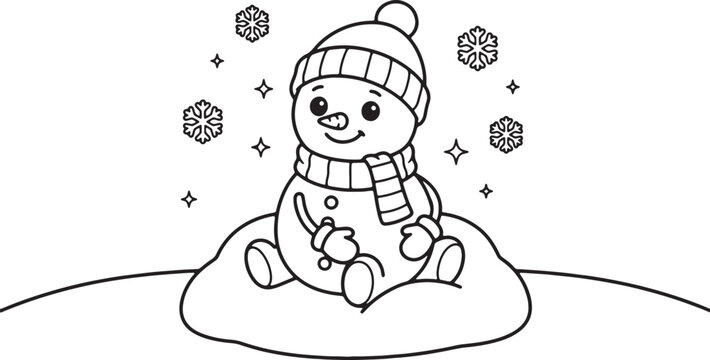Cute cartoon snowman character with carrot nose and scarf winter