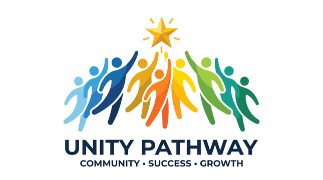 Colorful group of abstract human figures reaching for a golden star icon in a flat graphic style on white background