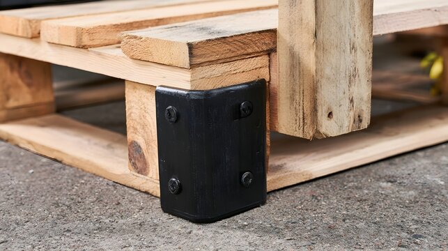 A black corner protector attached to a wooden pallet on a concrete surface  showing industrial utility and sturdy construction