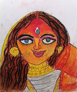 Colorful hand drawn illustration of goddess durga face