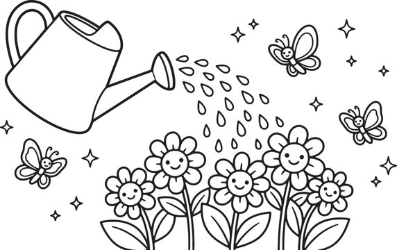 Hand-drawn floral wreath with butterflies and bees, black and white flowers petals
