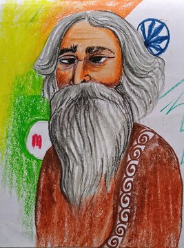 Colorful drawing of rabindranath tagore with long white beard