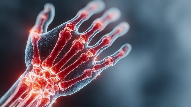 Detailed 3D Render of a Transparent Human Hand Skeleton with Red Glowing Joints Against Dark Backg