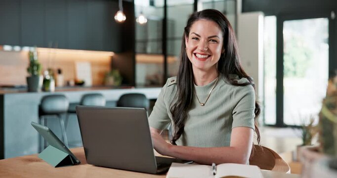 Remote work, face and woman with laptop in home, typing or research for story development on website. Creative, freelancer and happy person with technology, writer and editing ebook draft in house