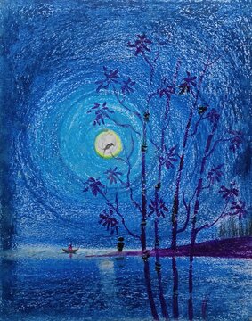 Full moon shining over a dark blue forest at night